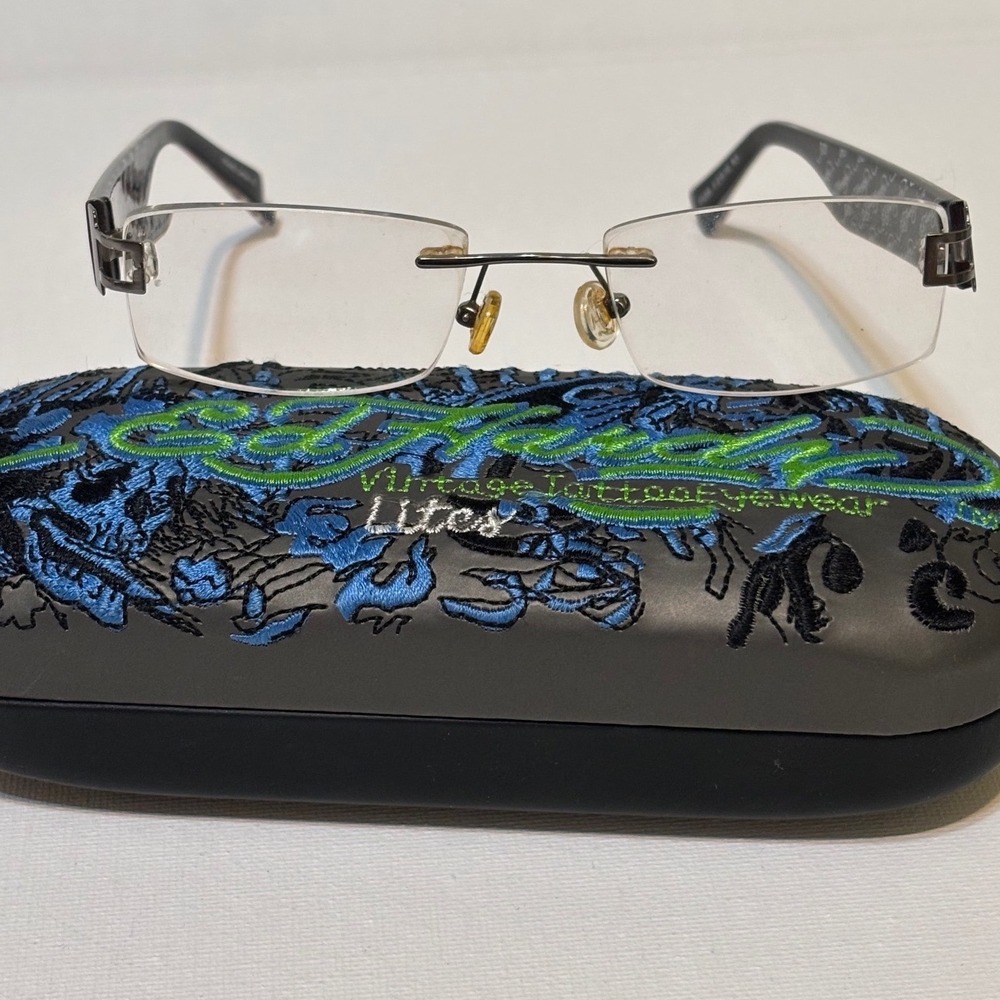 Vintage Ed Hardy EHL808 Lites Rimless Glasses Black Y2K Tattoo Art With Case